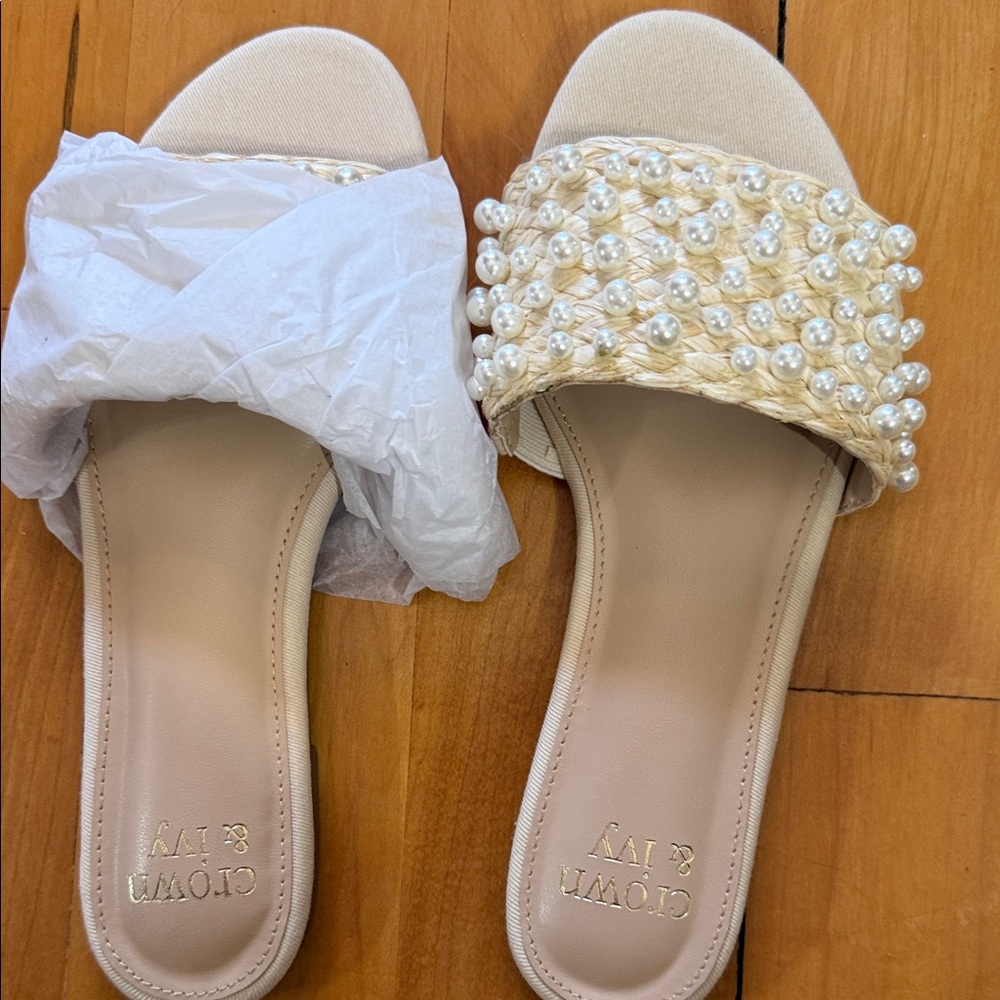 crown & ivy Pearl-Trimmed Cream Braided Slide Sandals